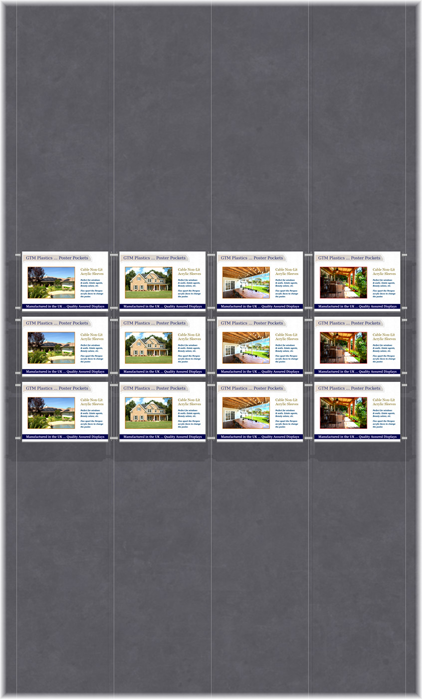 Poster Display - 4x3 Landscape single width pockets - wire suspended poster kit