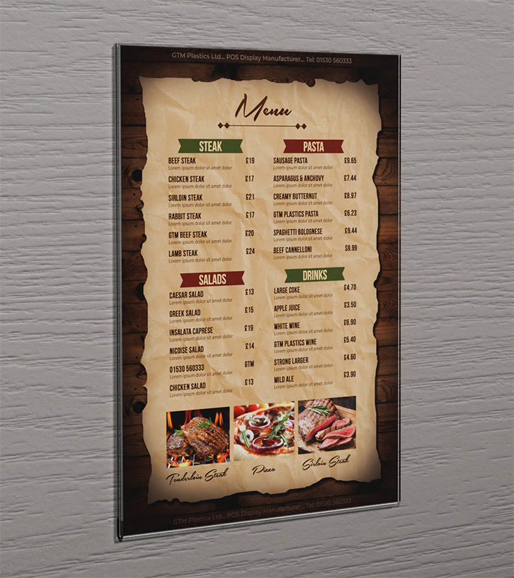 An acrylic wall mounted poster holder attached to the wall with sticky-back hook and loop Velcro. The poster is advertising a food menu.