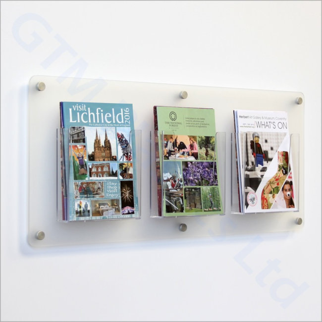 A5 Portrait Leaflet dispensers attached to a frosted acrylic back-panel mounted to the wall
