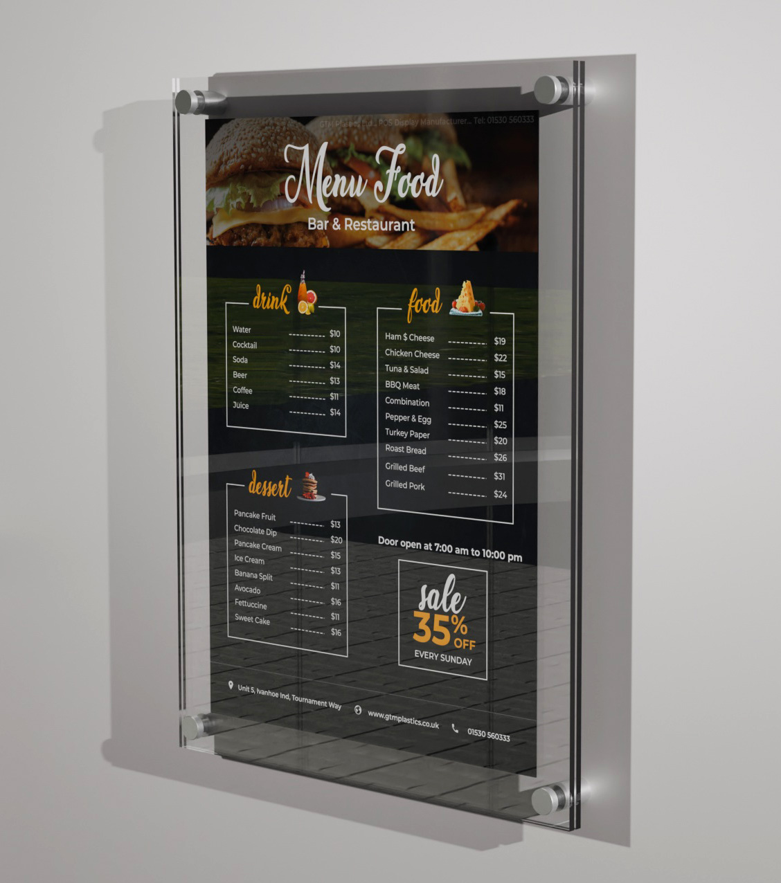 A poster sandwiched between two acrylic panels. Four stand-off clamps attach the display to the wall, portrait. The poster is a food and drinks menu.