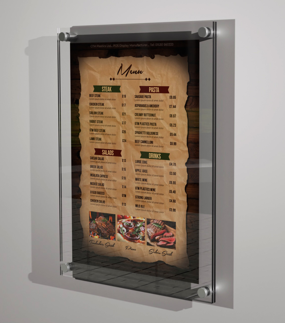 A poster sandwiched between two acrylic panels. Four stand-off clamps attach the display to the wall, portrait. The poster is a menu, listing steak, pasta, and drinks.